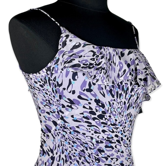 NICOLE MILLER 100% SILK ABSTRACT LEOPARD SEQUIN RUFFLE SPAGHETTI STRAP GOWN - Picture 12 of 17